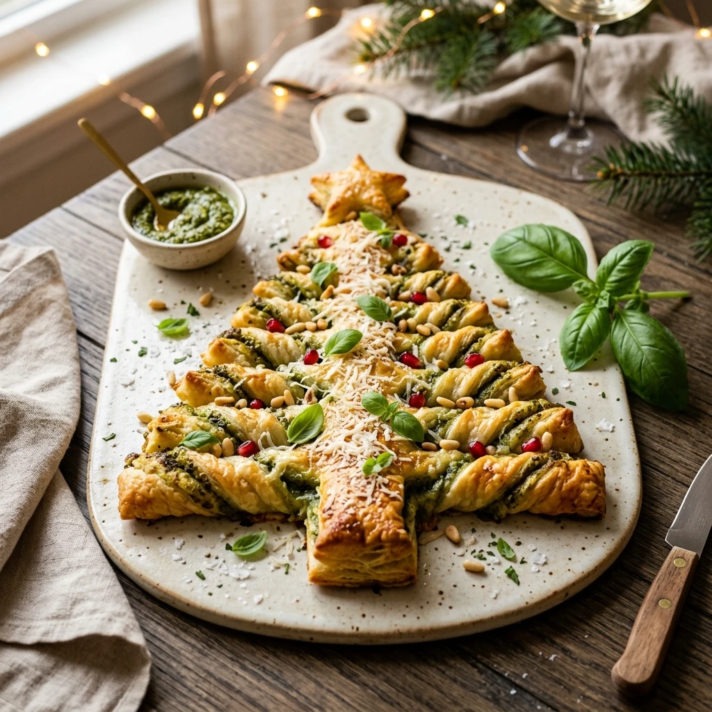 Basil Pesto Cheesy Puff Pastry Christmas Tree