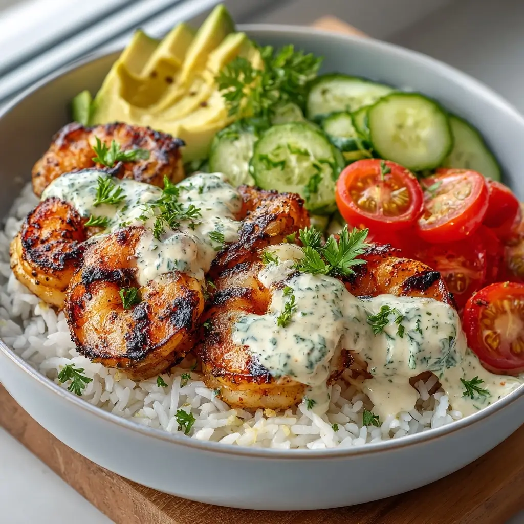 Quick Grilled Shrimp Bowls With Creamy Garlic Sauce