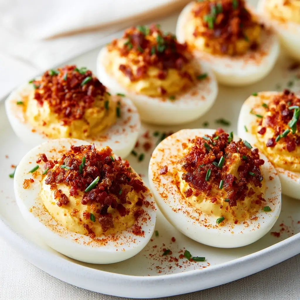Classic Deviled Eggs With Crispy Bacon Crumble Topping