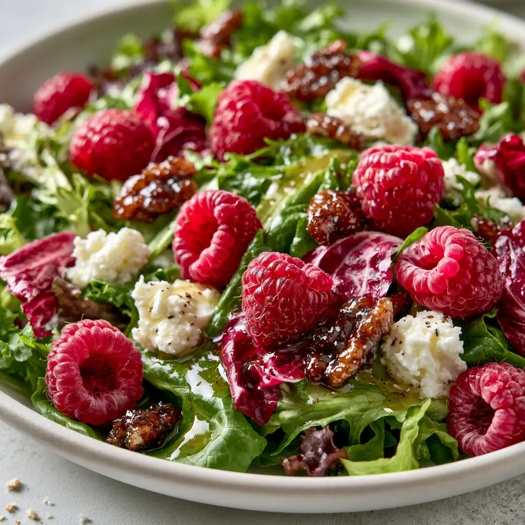 Fresh Raspberry Goat Cheese Salad With Candied Pecans
