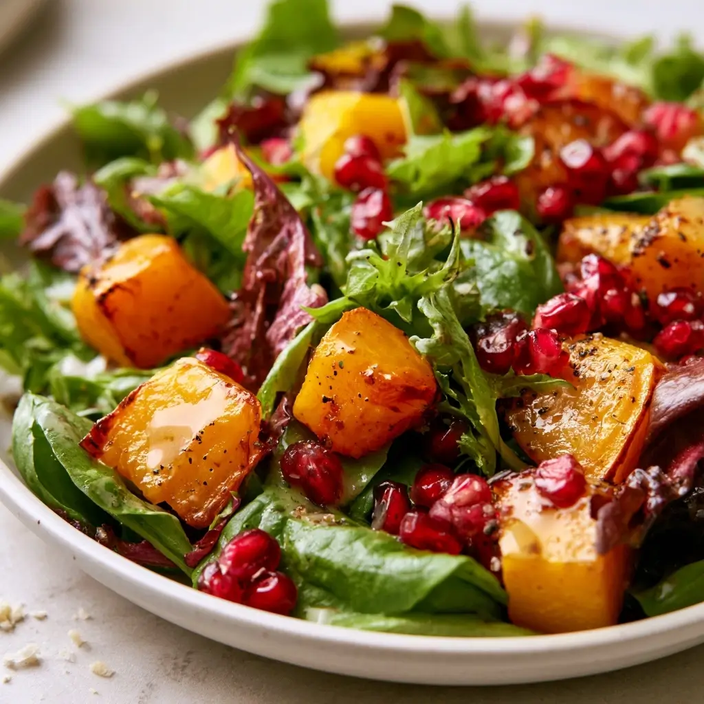 Easy Thanksgiving Salad With Butternut Squash & Pomegranate With Homemade Dressing