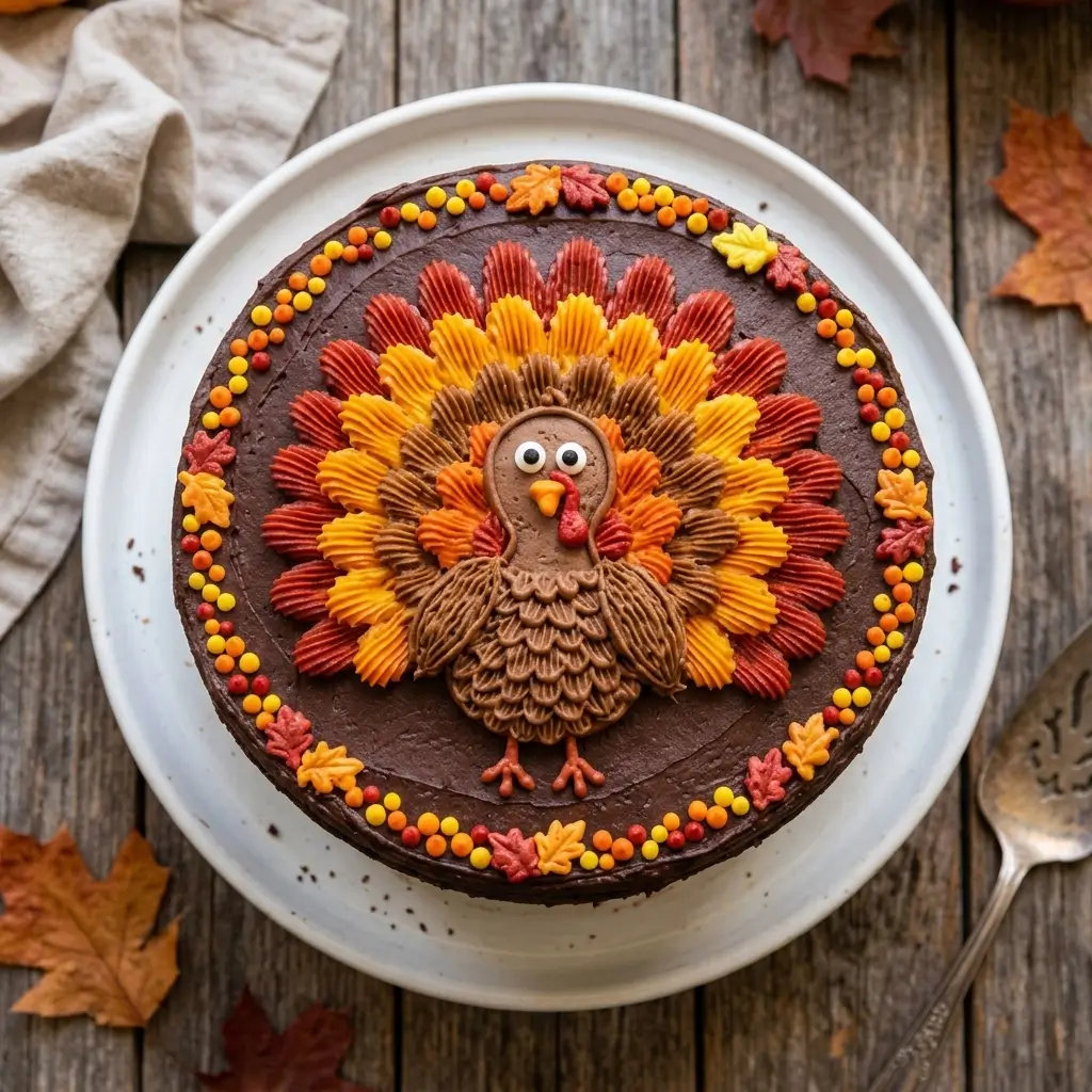 Thanksgiving Chocolate Cake (topped With Colorful Frosting Features An Easy Turkey Design)